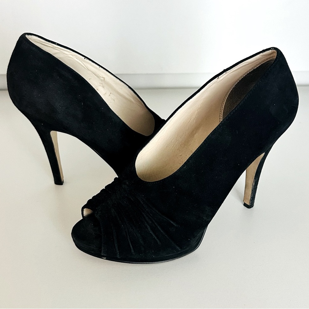 Boutique 9 Black Peep Toe Platform Ruched Detailing Suede Black Heels